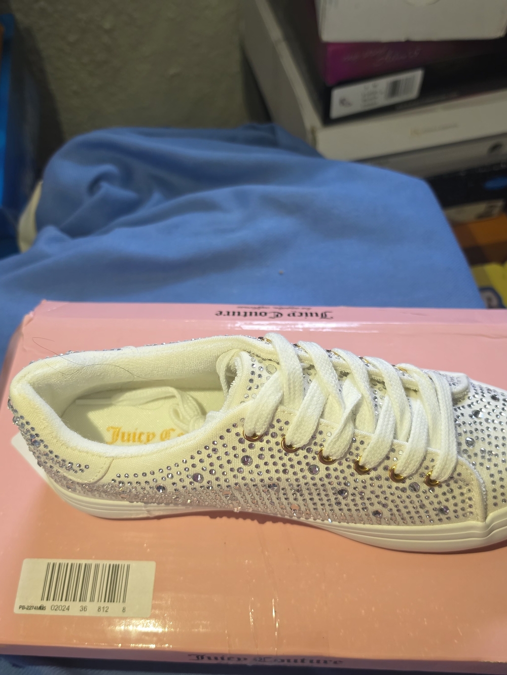 Juicy Couture White Rhinestone Crystal Embellished Lace-Up Sneakers (New with Bo - Picture 4 of 12